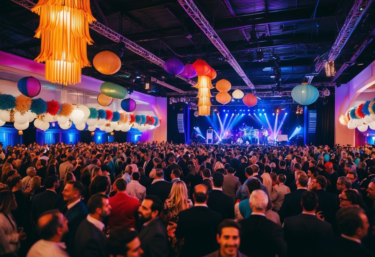 A busy event venue with colorful decorations and a large crowd enjoying live music and entertainment