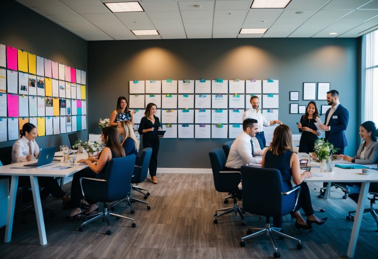 A bustling event planning office with colorful mood boards, a wall of client testimonials, and a team of busy staff coordinating details