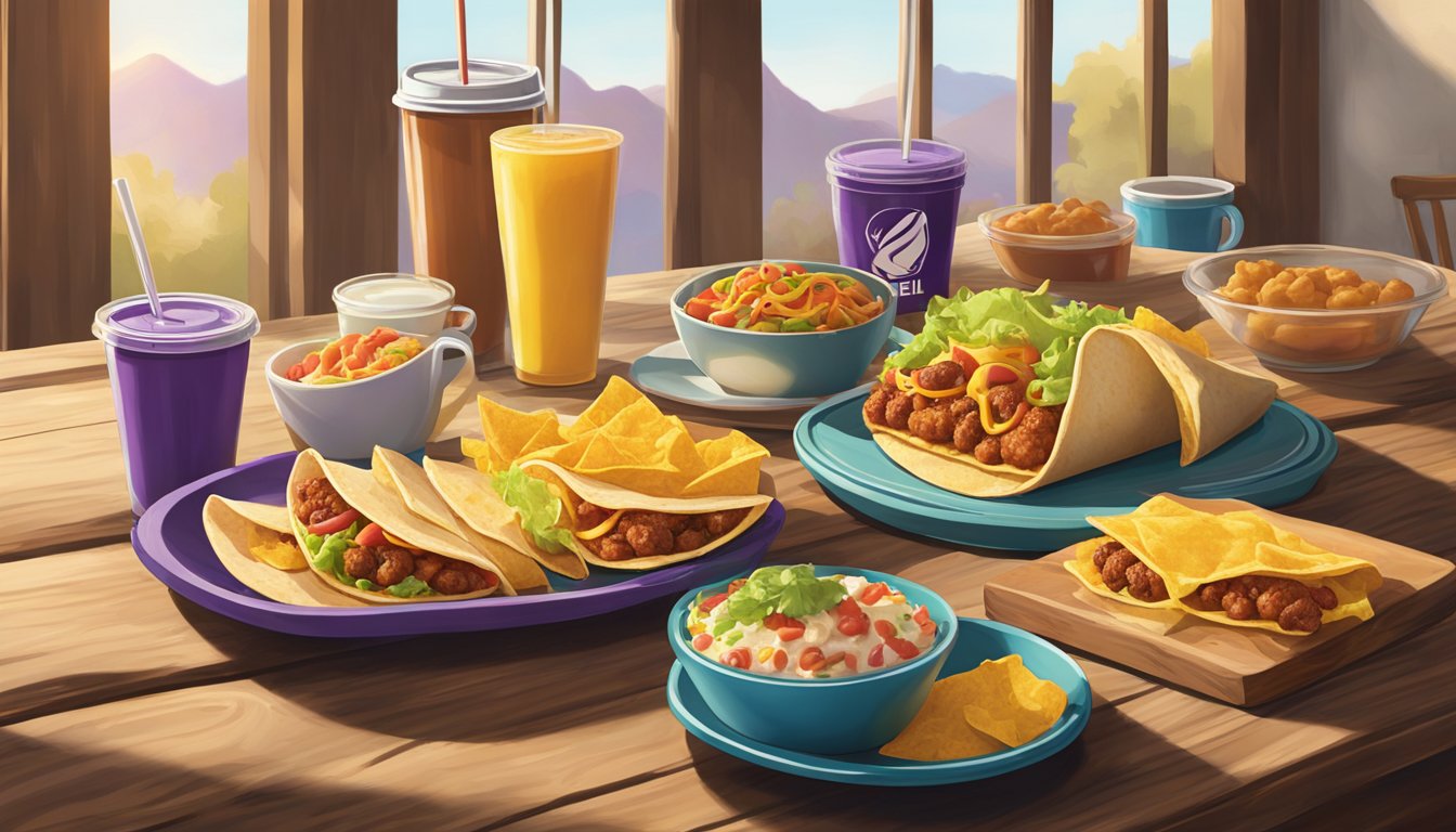 A colorful spread of Taco Bell's breakfast items arranged on a rustic wooden table, with natural light streaming in from a nearby window