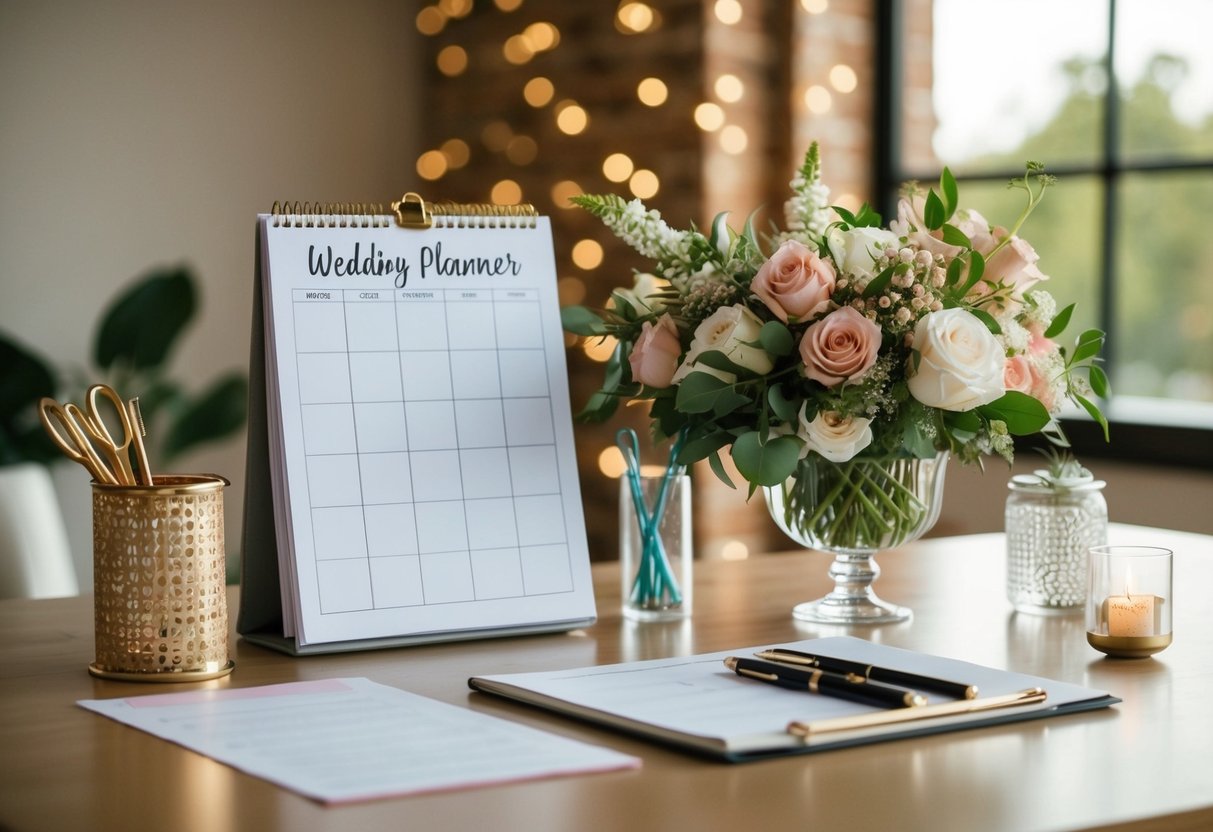 A wedding planner's desk with a calendar, checklist, and floral arrangements