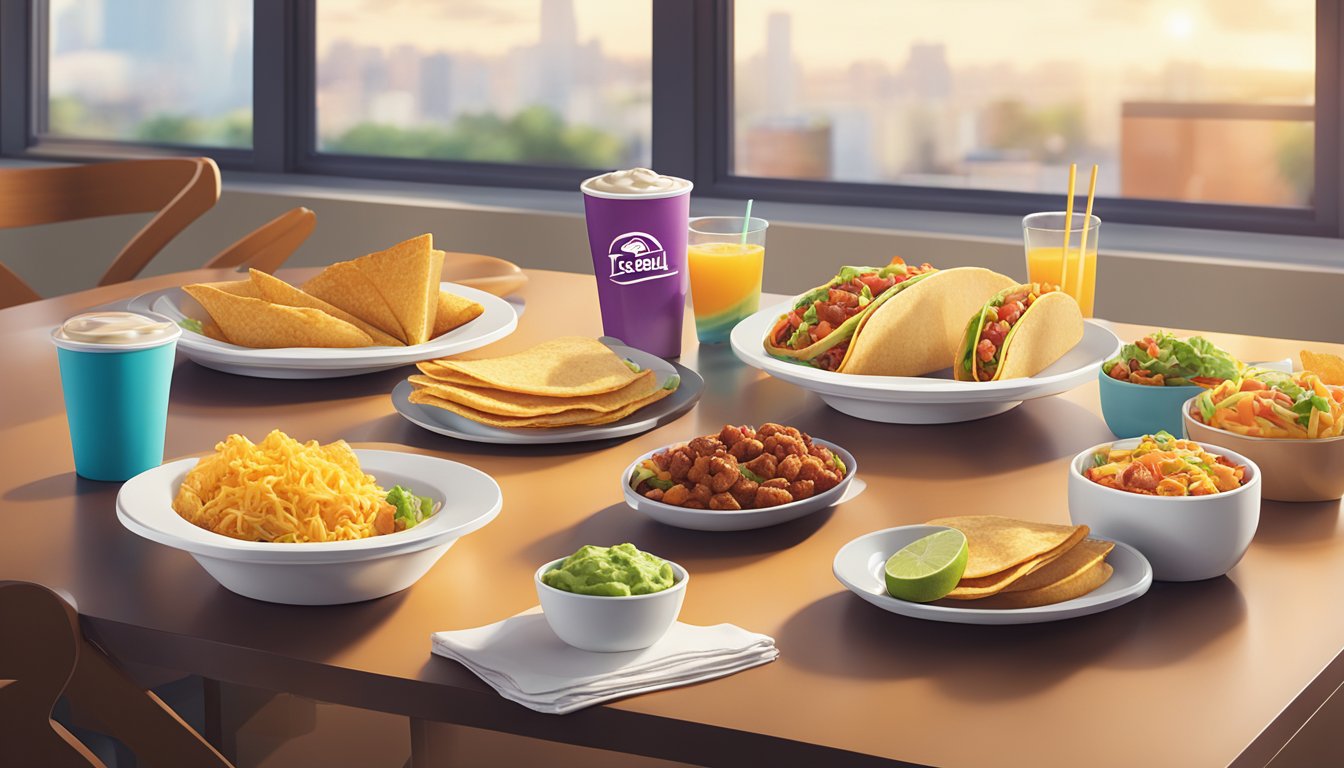 A colorful spread of Taco Bell's breakfast items arranged on a clean, modern table setting with natural light streaming in from a window