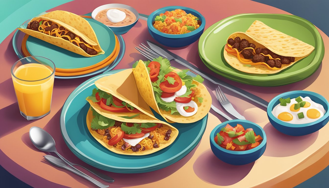 A table set with a variety of Taco Bell breakfast items, arranged artfully on colorful plates with fresh ingredients and stylish presentation