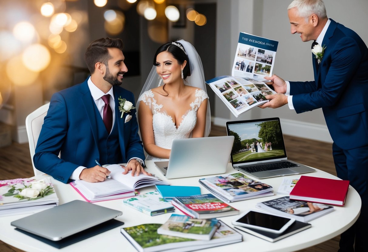 A bride and groom sit at a table surrounded by wedding planning books, magazines, and a laptop, while a wedding organizer presents them with a portfolio of past events