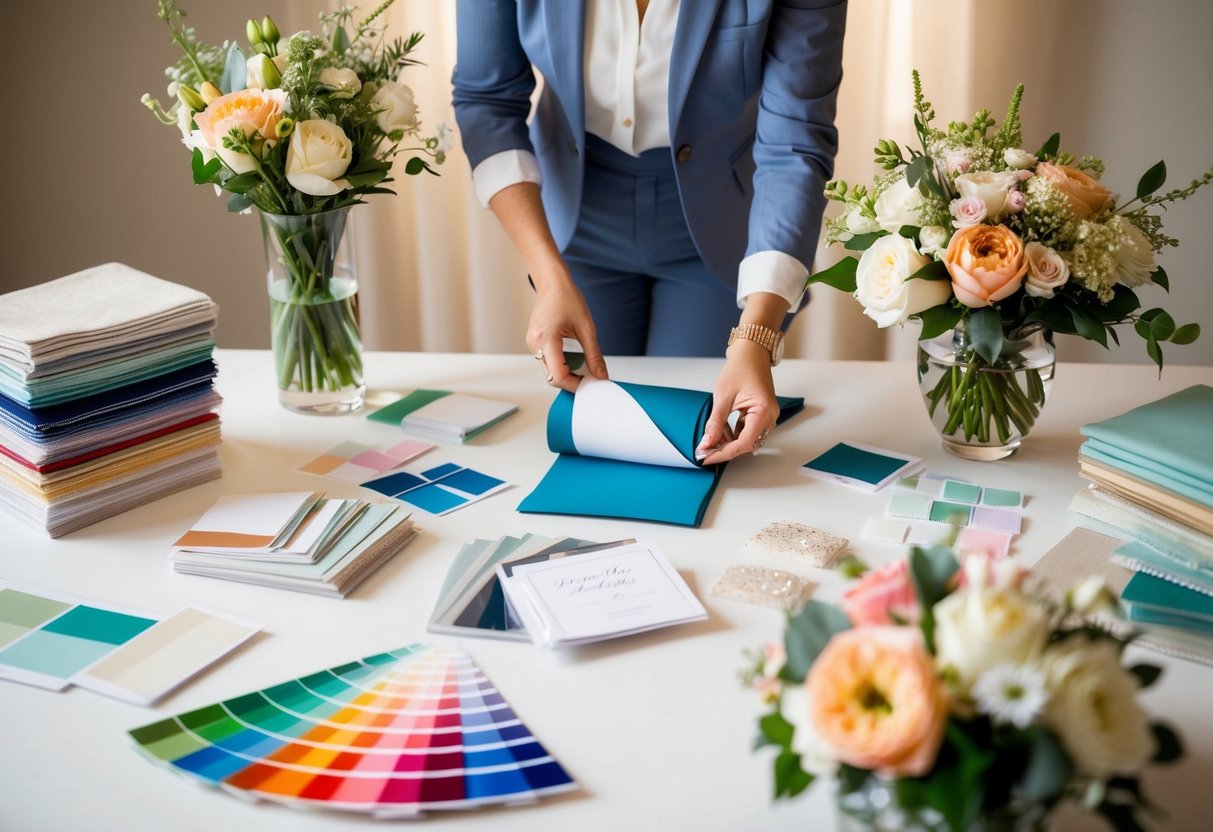 A wedding planner surrounded by color swatches, fabric samples, and floral arrangements, organizing and coordinating the details of a couple's special day