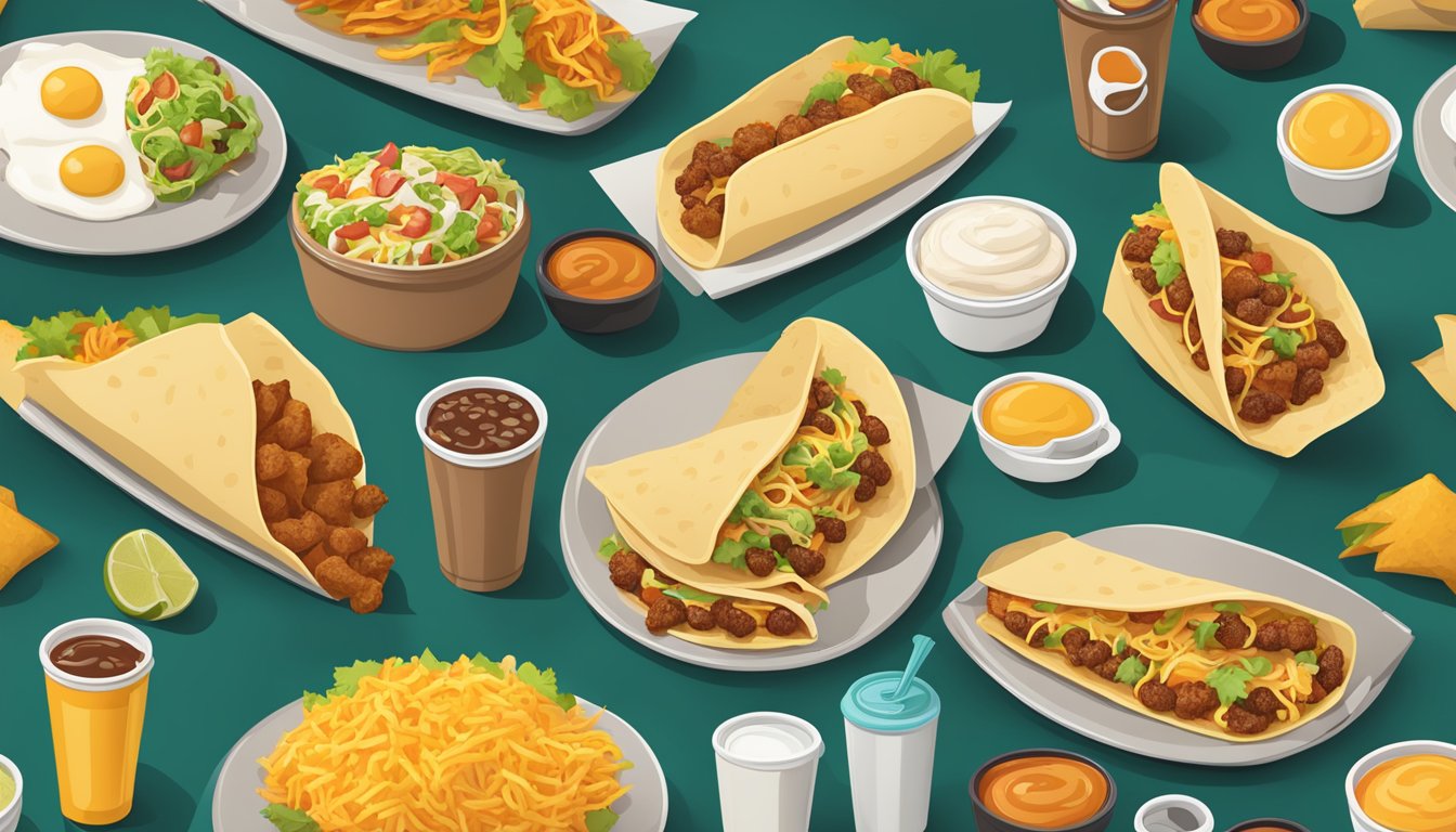 A table set with a variety of Taco Bell's breakfast items, including burritos, tacos, and hash browns, arranged in an appealing and appetizing manner