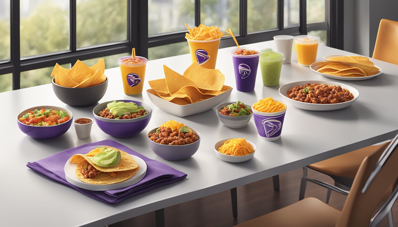 A vibrant breakfast spread of Taco Bell's newest items, arranged on a sleek, modern table with natural light streaming in from a window