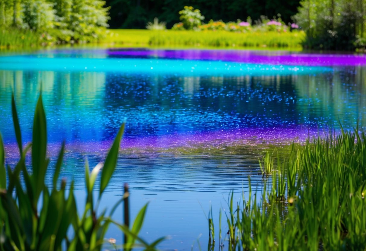 A tranquil pond surrounded by lush greenery, with vibrant blue dye spreading across the water's surface. Sunlight reflects off the shimmering, colorful pond