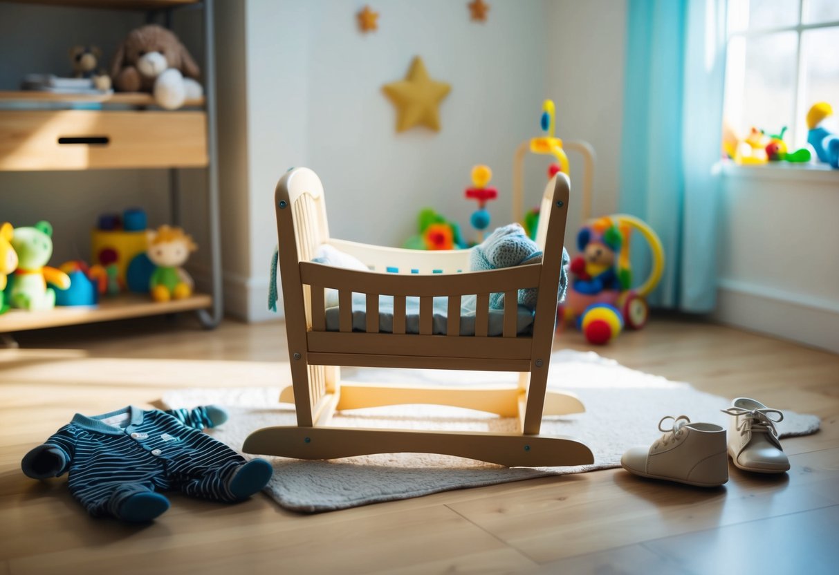A small cradle sits in a sunlit room, surrounded by toys and baby clothes. A pair of tiny shoes lay abandoned on the floor