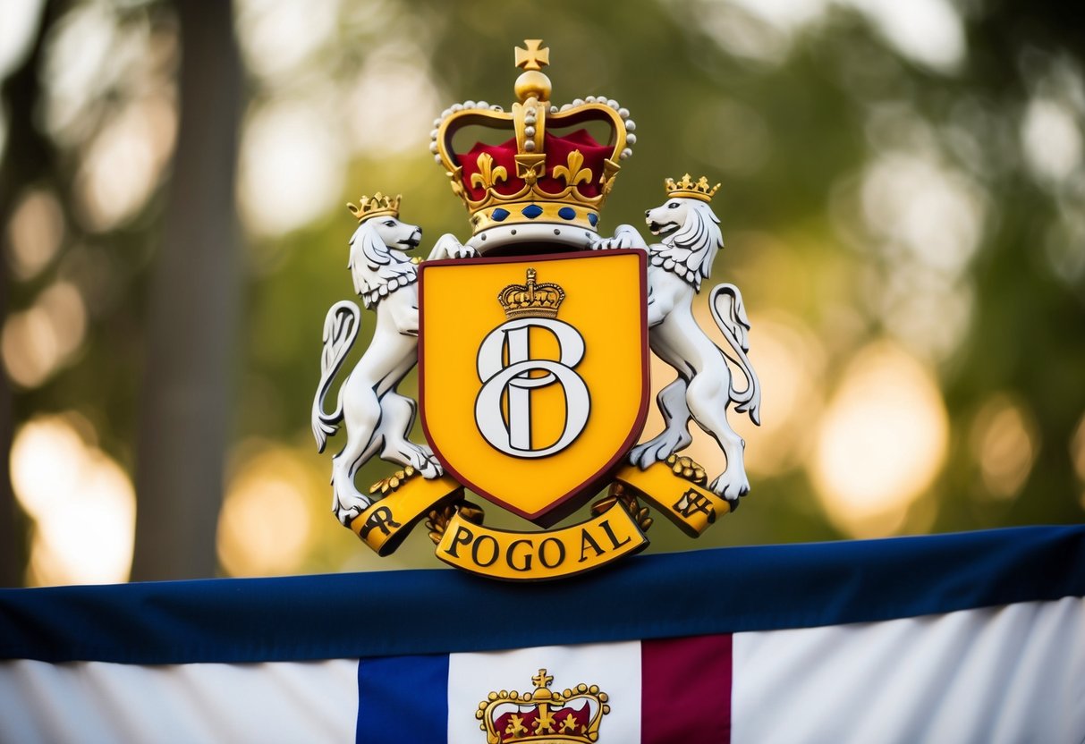 A regal crest with intertwined initials and a crown atop a royal banner