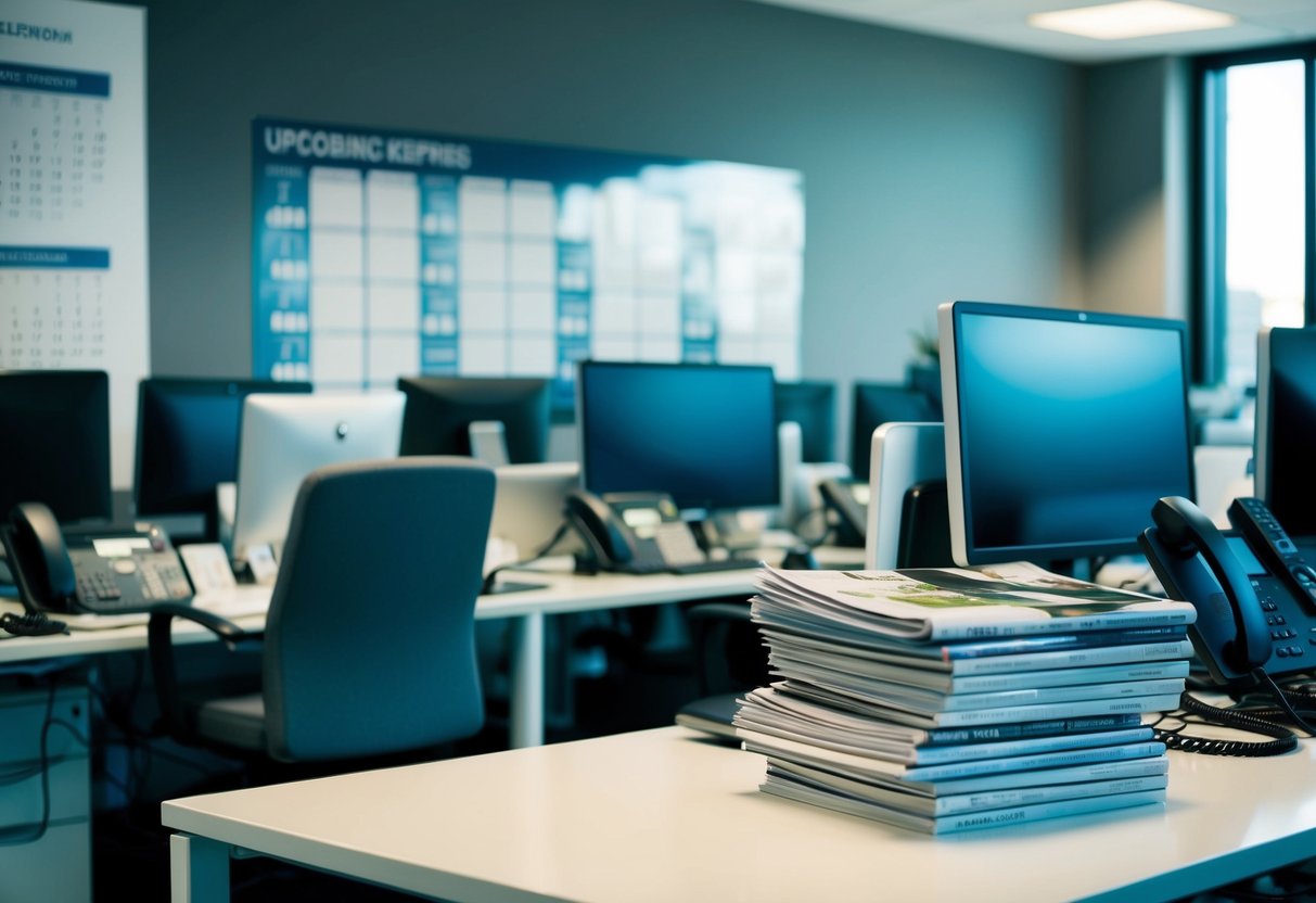 A bustling office with multiple desks, computers, and phones. A large wall calendar displays upcoming events. A stack of wedding magazines sits on a table