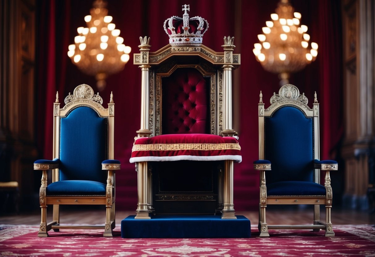 A regal throne room with a crown-topped cradle and two empty thrones facing each other