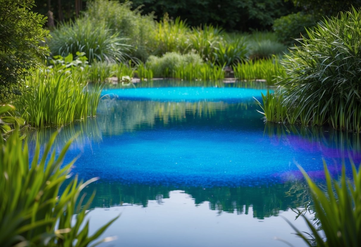 A tranquil pond surrounded by lush green vegetation, with vibrant blue pond dye spreading across the water's surface, enhancing the water quality