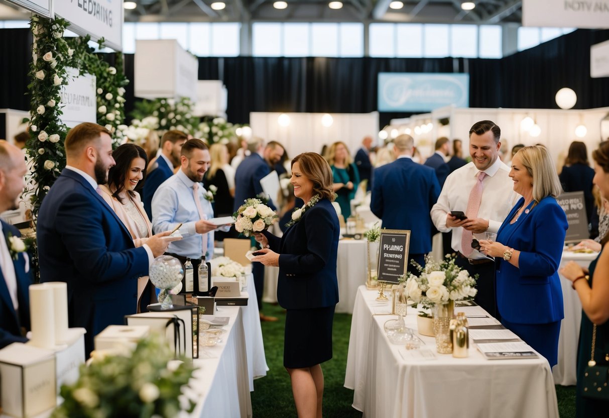 A bustling wedding planning expo with various booths and vendors showcasing their services and products to potential clients