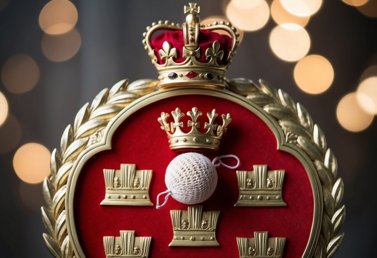 A royal crest with a crown and a small, delicate infant's rattle nestled within