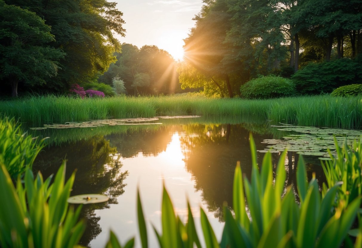 A tranquil pond surrounded by lush greenery, with the sun casting a warm glow on the water's surface