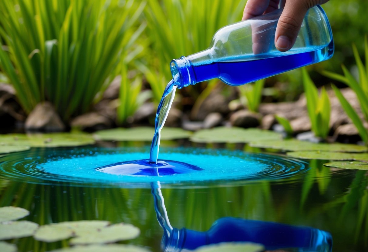 A tranquil pond with vibrant blue dye being carefully poured into the water from a small bottle, surrounded by lush green vegetation