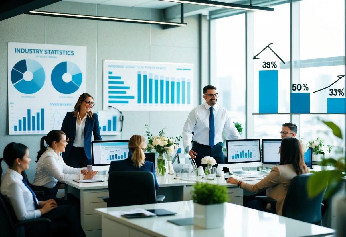 A bustling office with wedding planners at their desks, surrounded by charts and graphs showing industry statistics