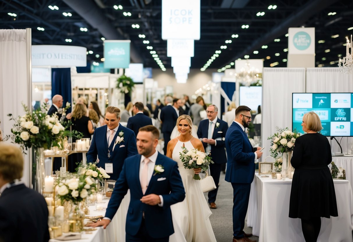 A busy wedding expo with various vendors showcasing modern decor and technology, reflecting the latest trends and consumer preferences in the UK