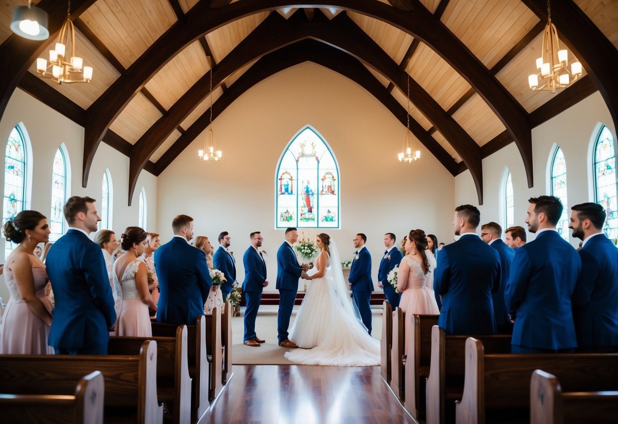 A wedding chapel with a line of couples waiting to exchange vows