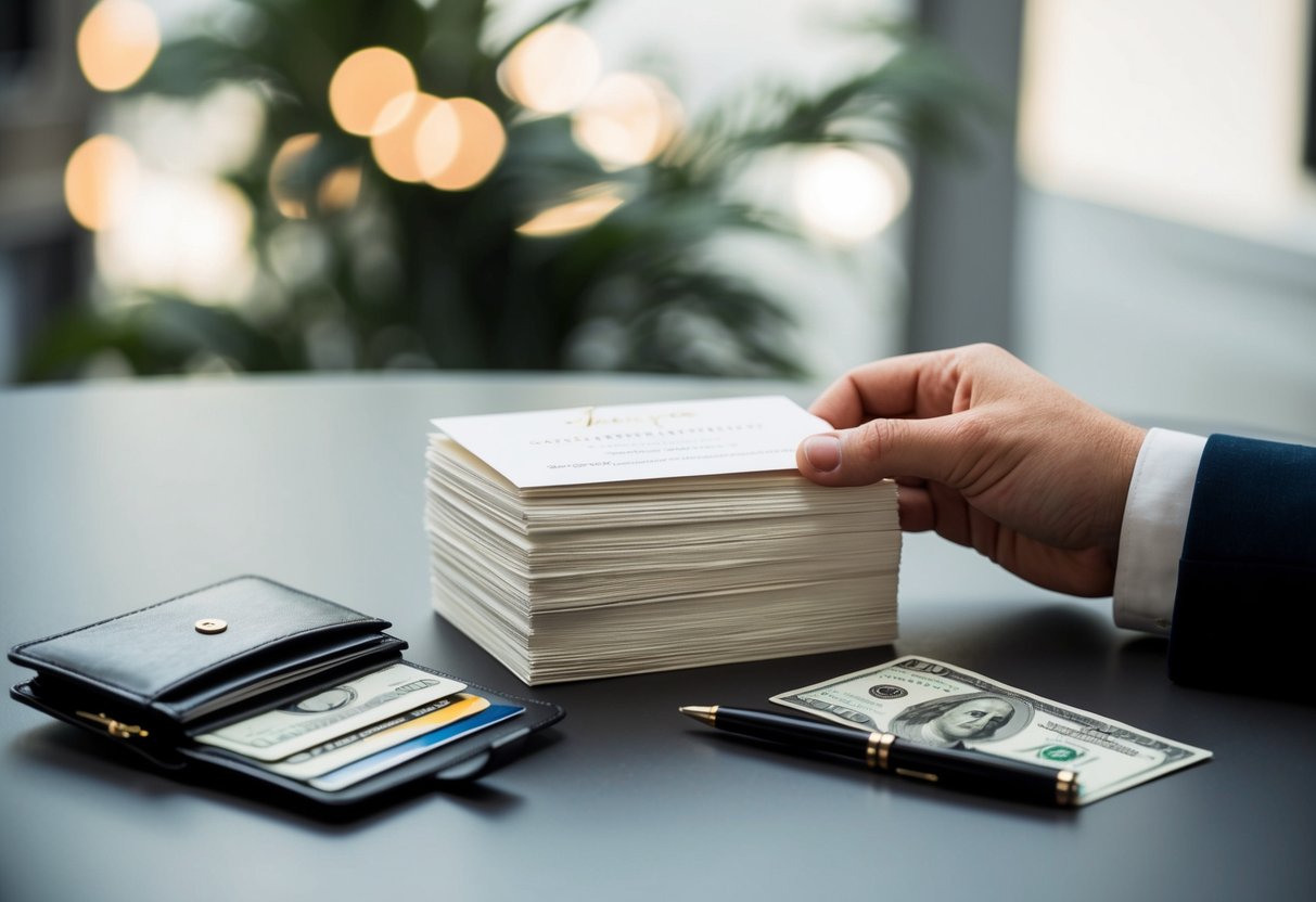 A hand places a stack of elegant wedding invitations on a table with a pen nearby. A wallet sits open, revealing payment cards and cash