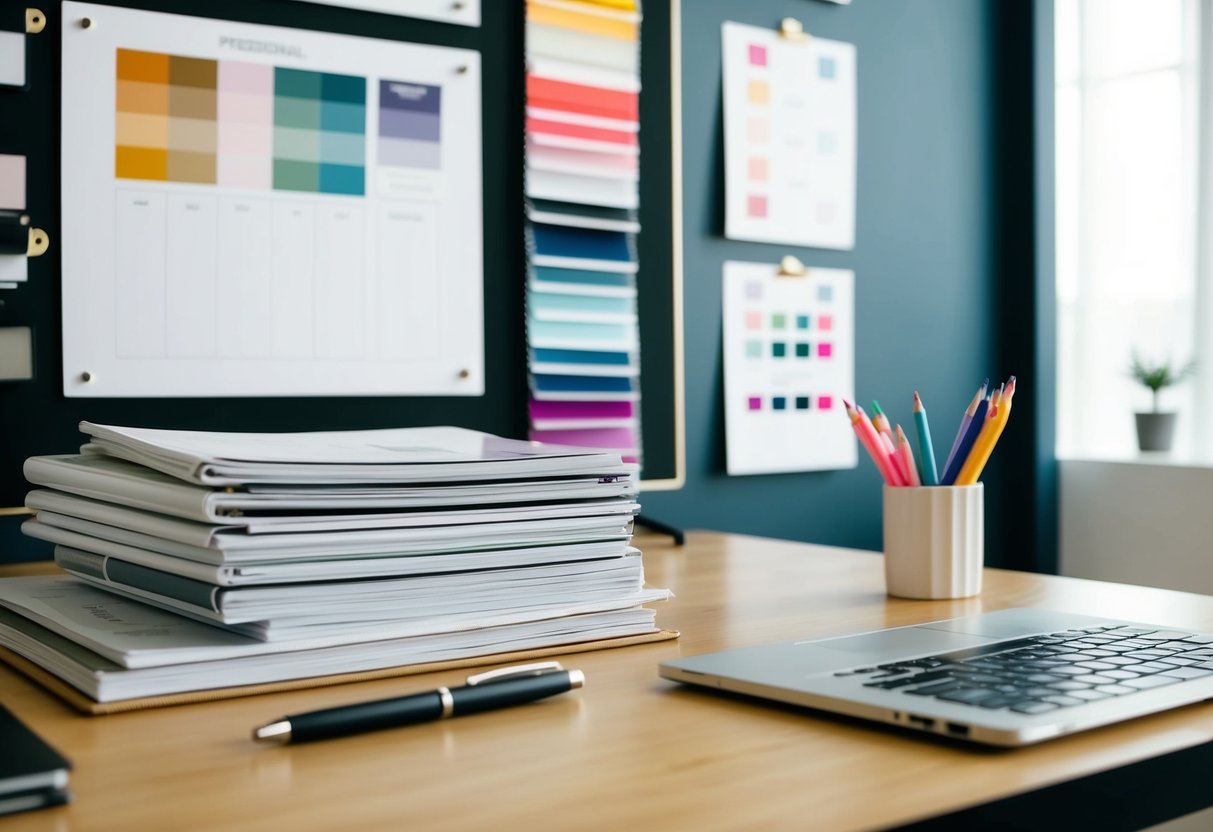 A desk with a laptop, planner, and pen. A stack of wedding magazines and a mood board with color swatches and fabric samples