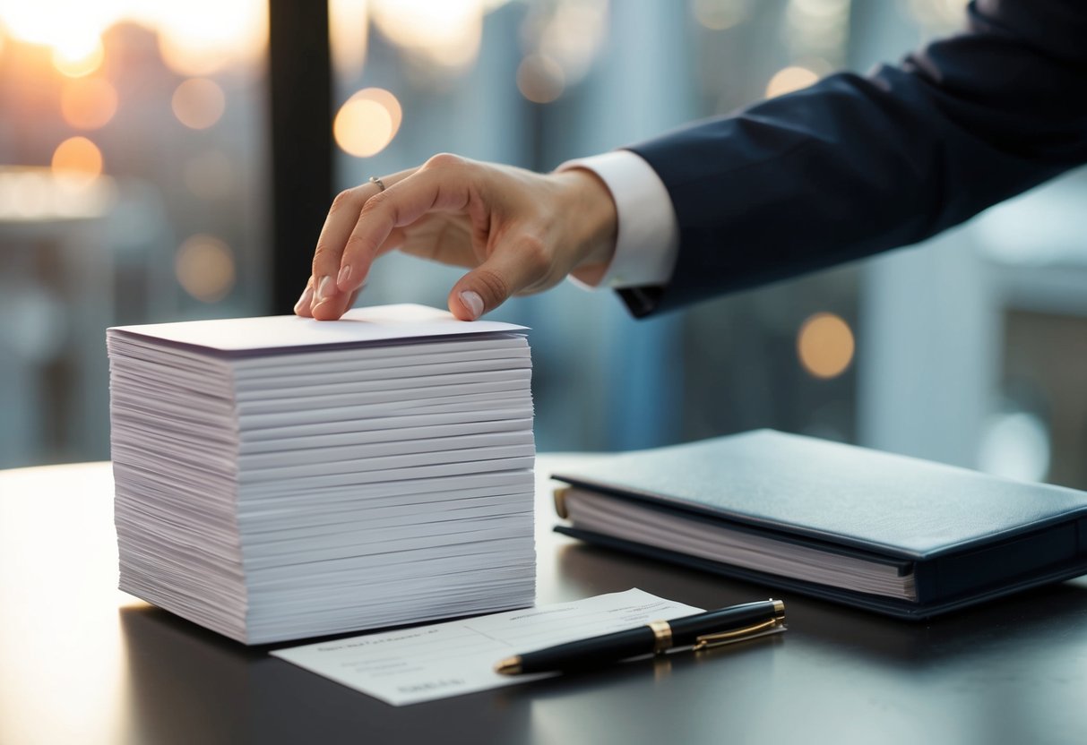 A hand reaching out to place a stack of wedding invitations on a table, alongside a pen and a checkbook