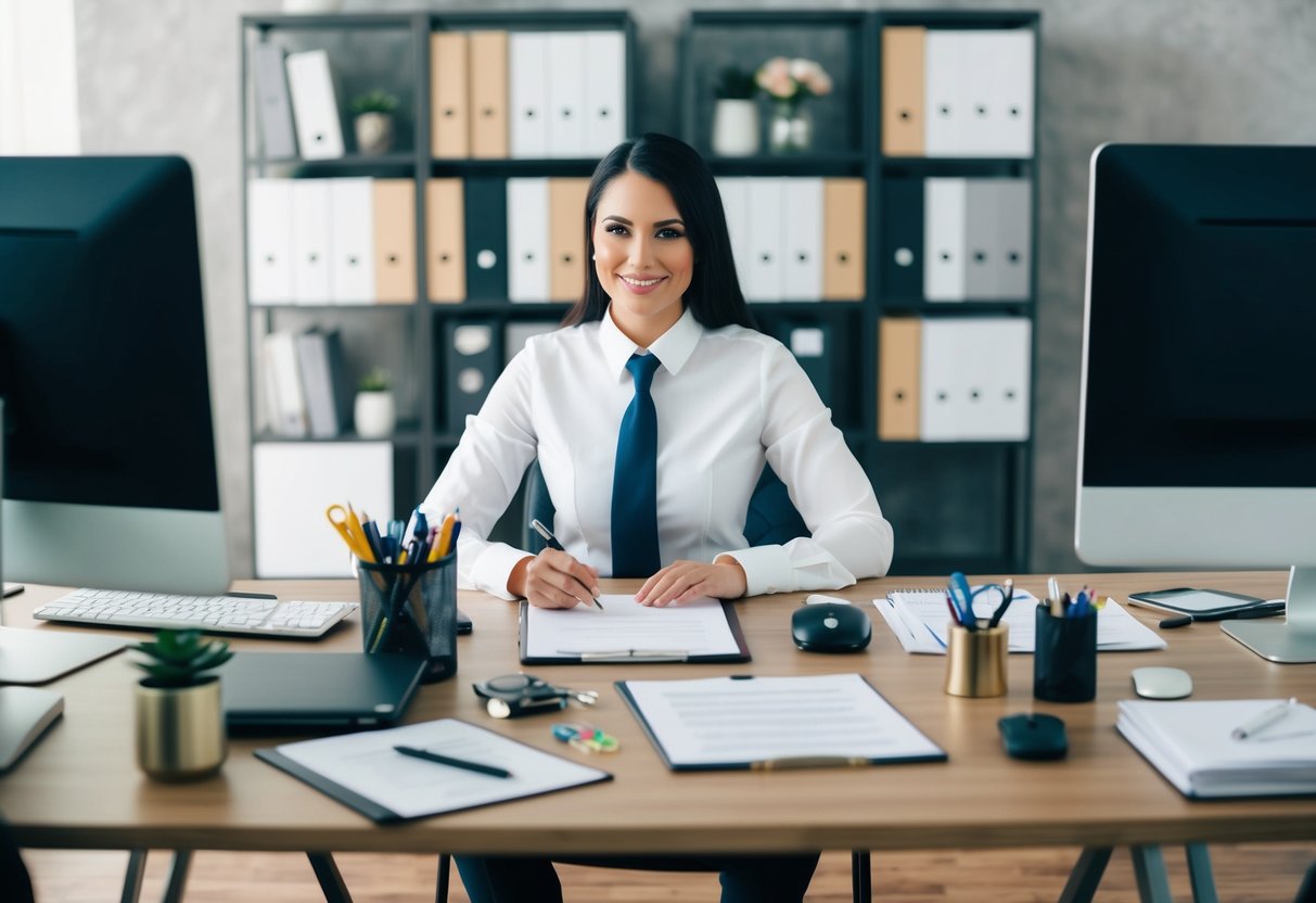 A wedding planner surrounded by a desk, computer, and various planning tools, organizing and designing a resume