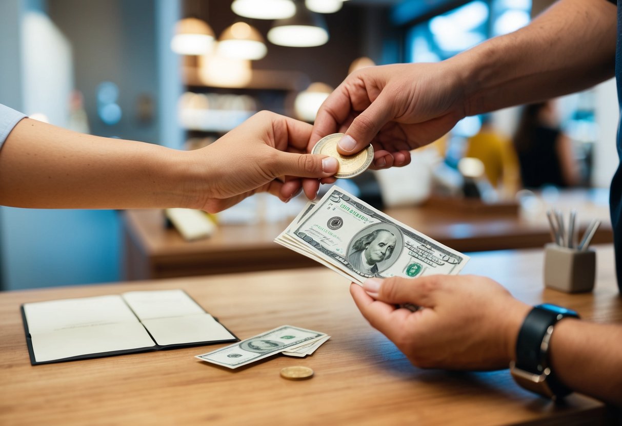 A couple's hands exchanging money for wedding invitations at a stationary store counter