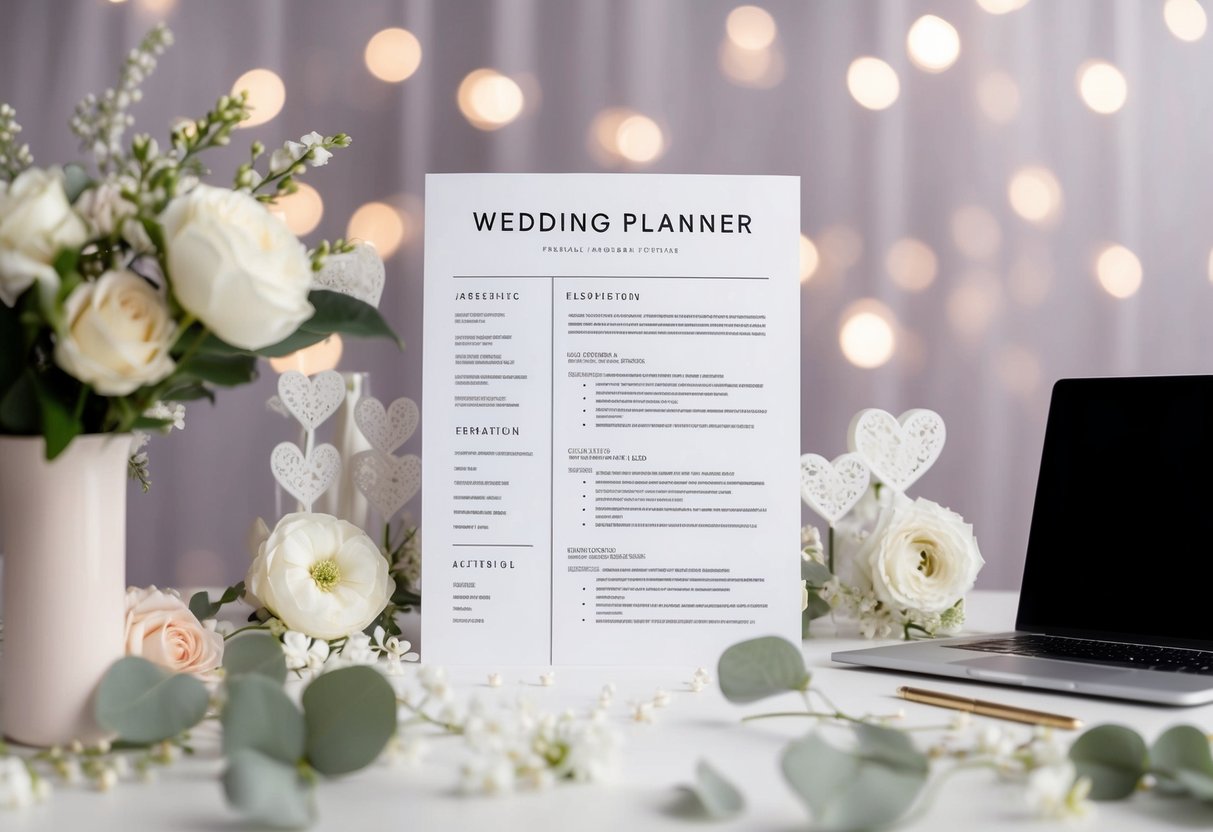 A wedding planner's resume with elegant fonts and a professional layout, surrounded by wedding-themed decorations and a laptop for editing