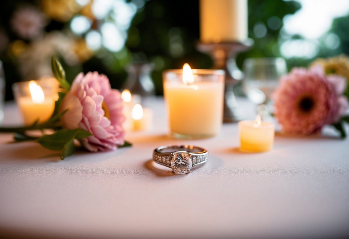 A wedding ring placed on a table, surrounded by flowers and candles