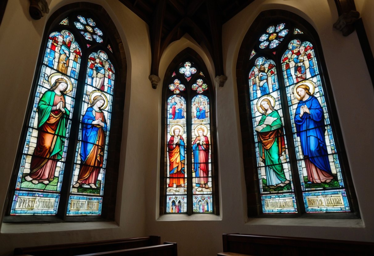A medieval church with stained glass windows depicting Mary's life and theological debates