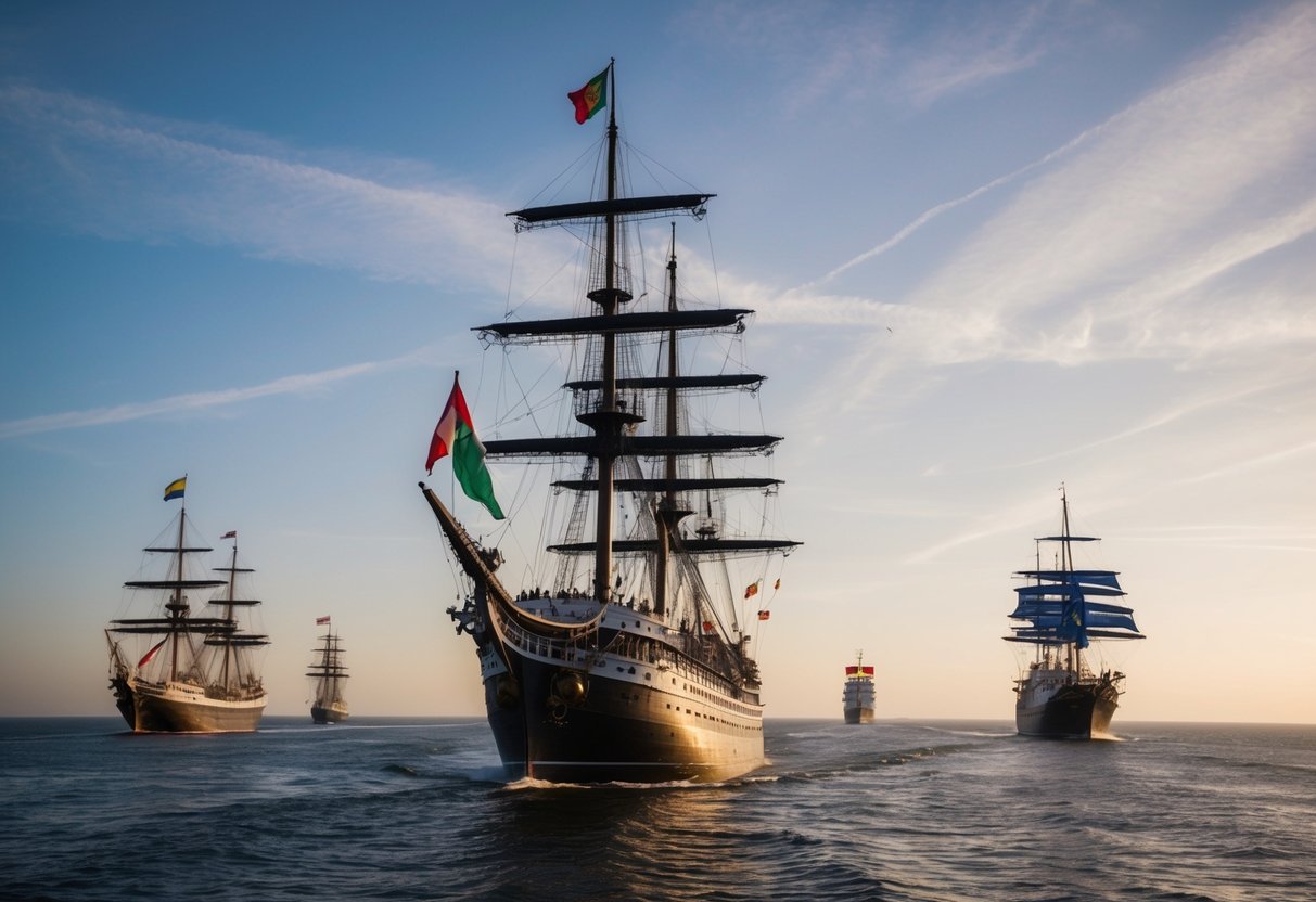 A regal Tudor ship sails towards Portugal, flanked by European allies in a show of unity and strength