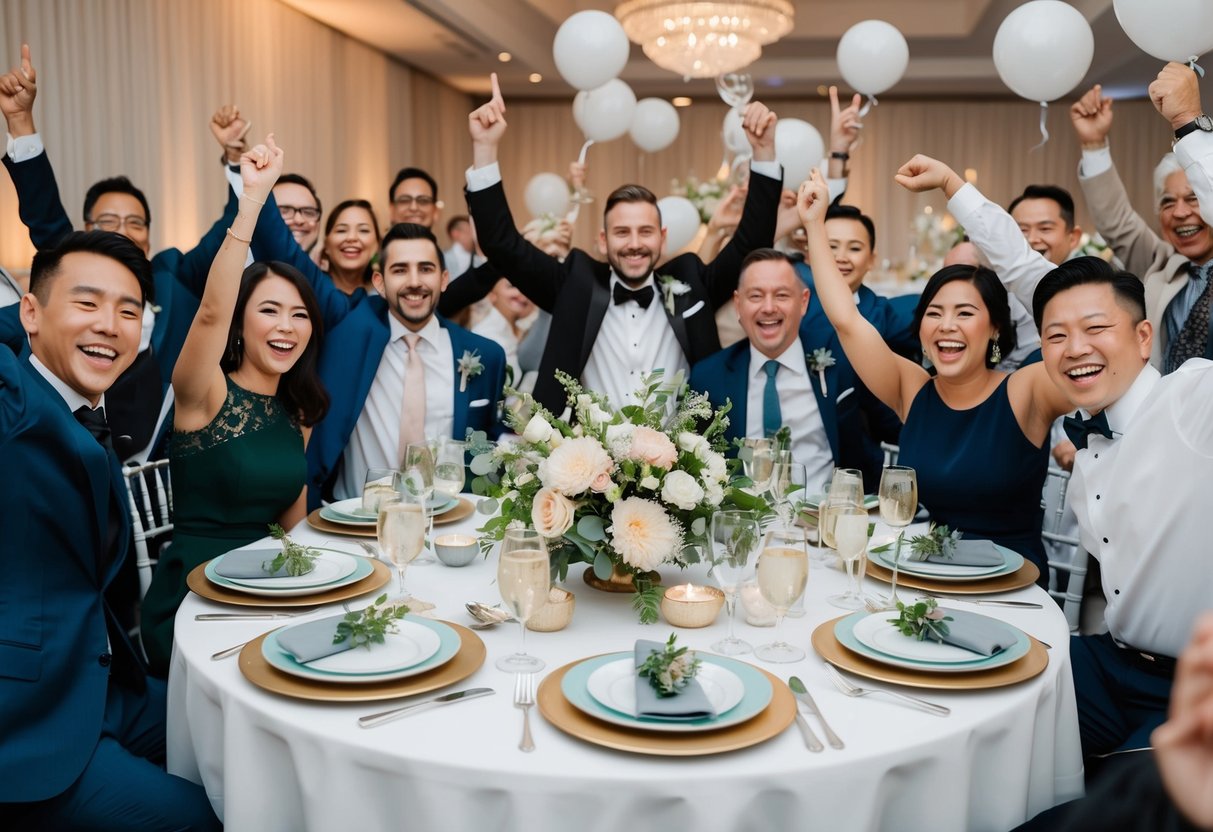 A table set with elegant dishes and floral centerpieces, surrounded by joyous guests celebrating the upcoming wedding