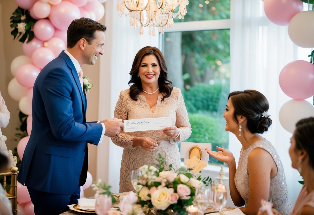 The mother of the groom presents a check to the host of the bridal shower, surrounded by decorations and remnants of the celebration