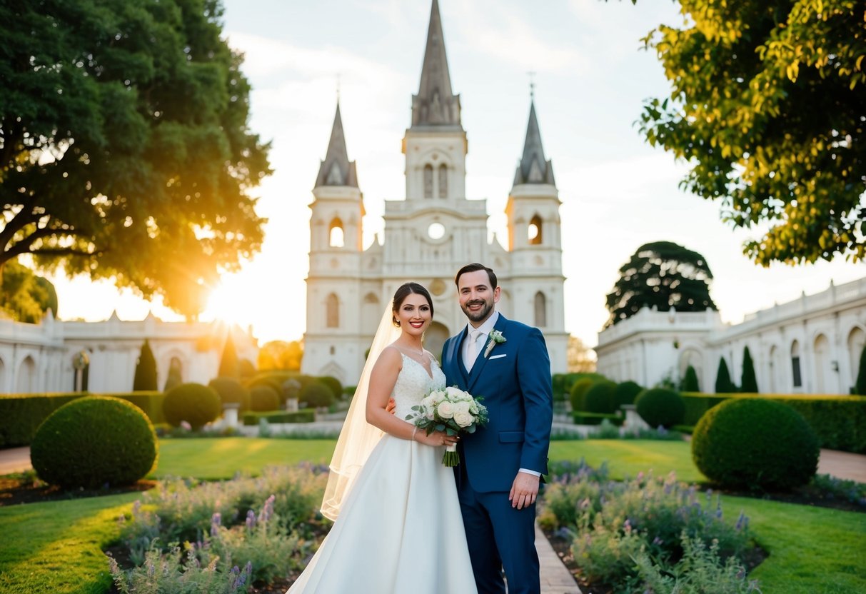A bride and groom stand before a grand cathedral, surrounded by lush gardens and ornate architecture. The sun sets behind them, casting a warm glow over the scene