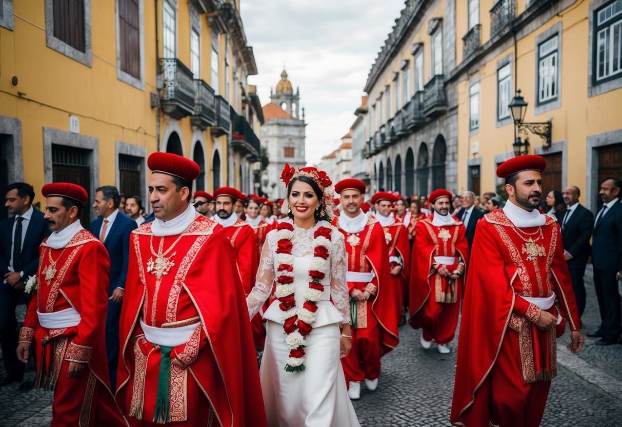 A traditional Portuguese wedding procession with cultural symbols and historical architecture