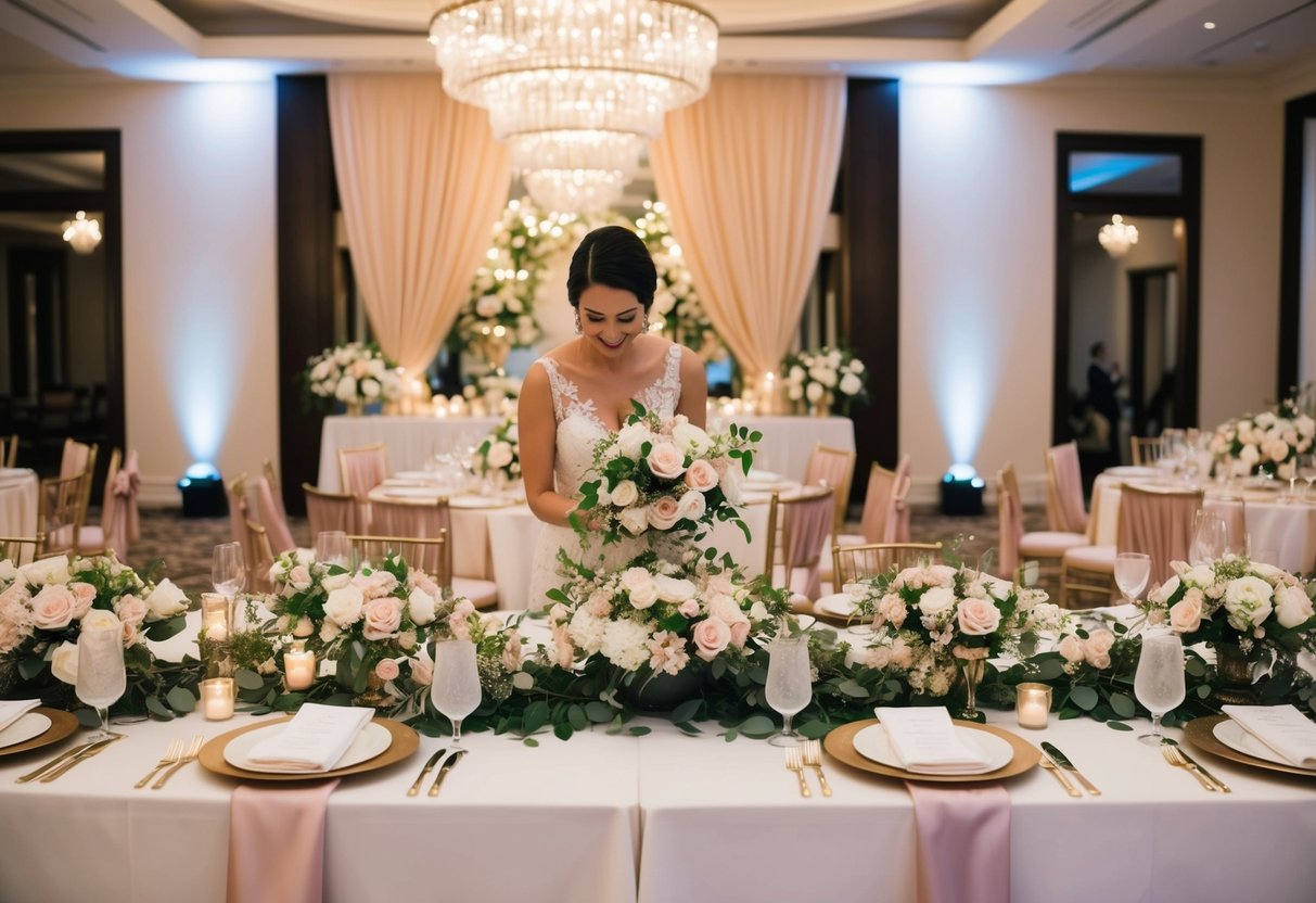 A wedding stylist arranging elegant floral centerpieces and draping luxurious fabric over tables at a lavish reception venue