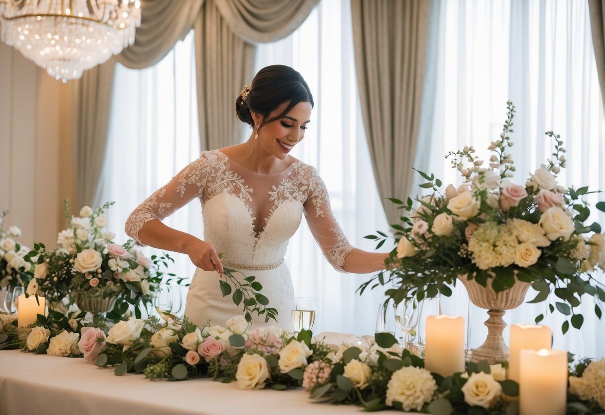 A wedding stylist arranging elegant decor and floral arrangements for a luxurious wedding venue