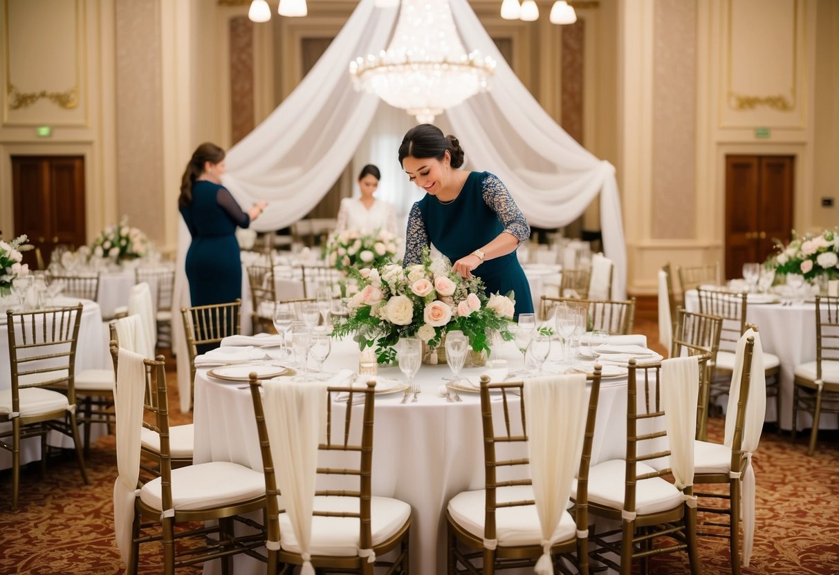 A wedding stylist arranging floral centerpieces and draping fabric over chairs in a grand ballroom