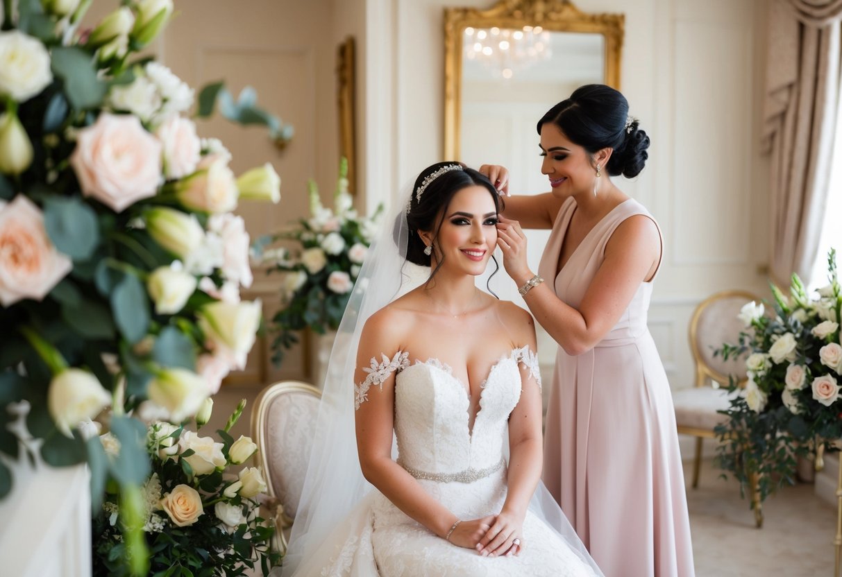 A bride sits in a beautifully decorated room, surrounded by elegant floral arrangements and perfectly styled hair and makeup. A wedding stylist adds the finishing touches to her stunning look