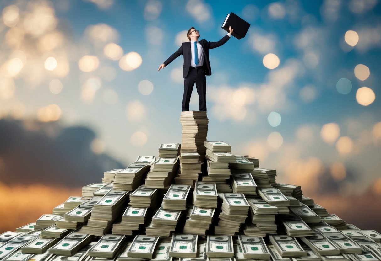 A planner stands atop a mountain of money, reaching for the highest stack
