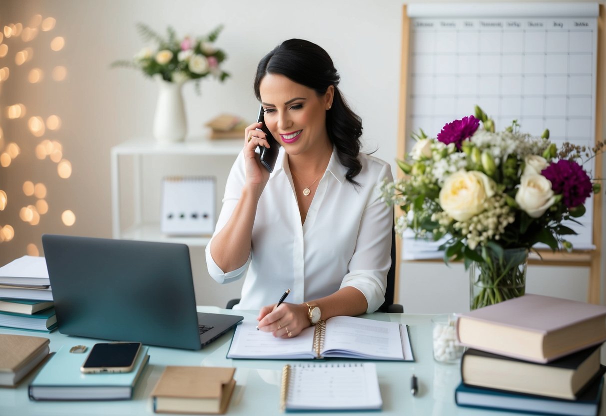 A wedding planner sits at a desk, surrounded by books, a laptop, and a calendar. They are speaking on the phone, taking notes, and arranging flowers and decorations