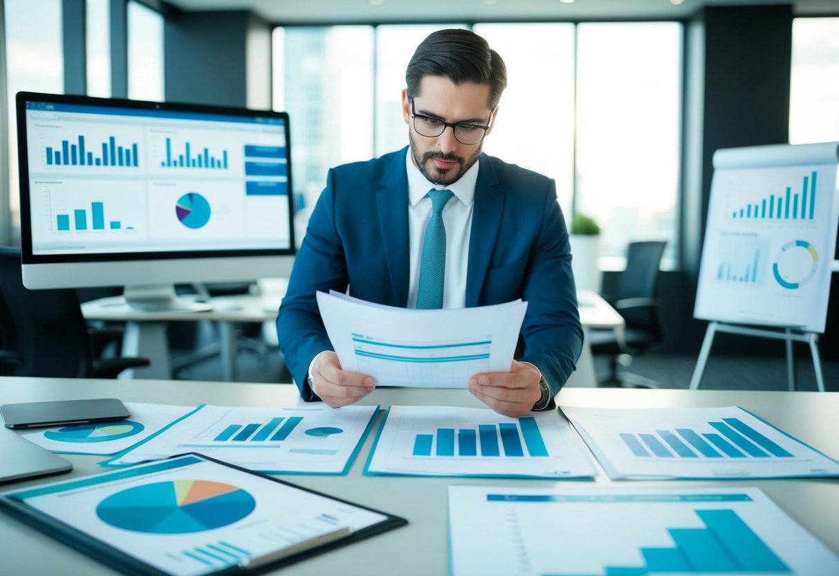 A planner reviewing financial reports in a modern office, surrounded by charts and graphs
