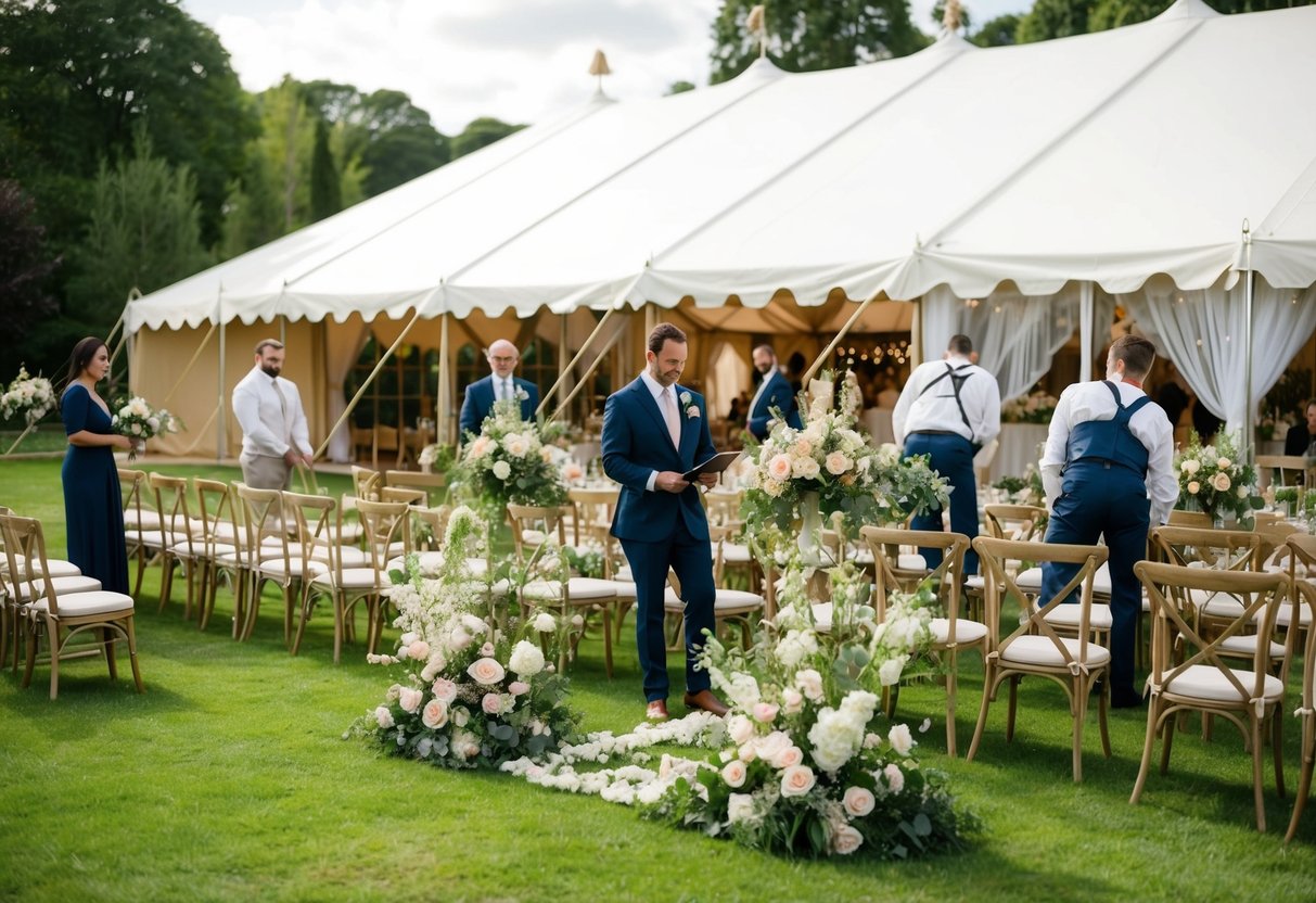 A wedding planner organizes flowers, decor, and seating for a garden ceremony, while a team sets up a tent for the reception