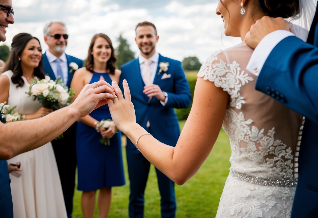 A groom's hand holding out a ring to a bride, surrounded by family and friends