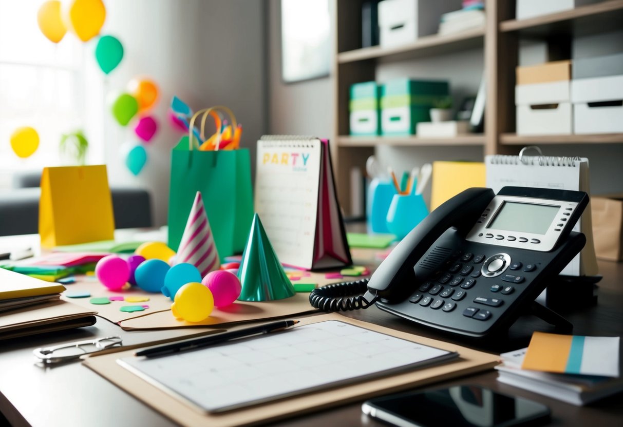 A cluttered desk with scattered party supplies, a calendar, and a phone ringing off the hook