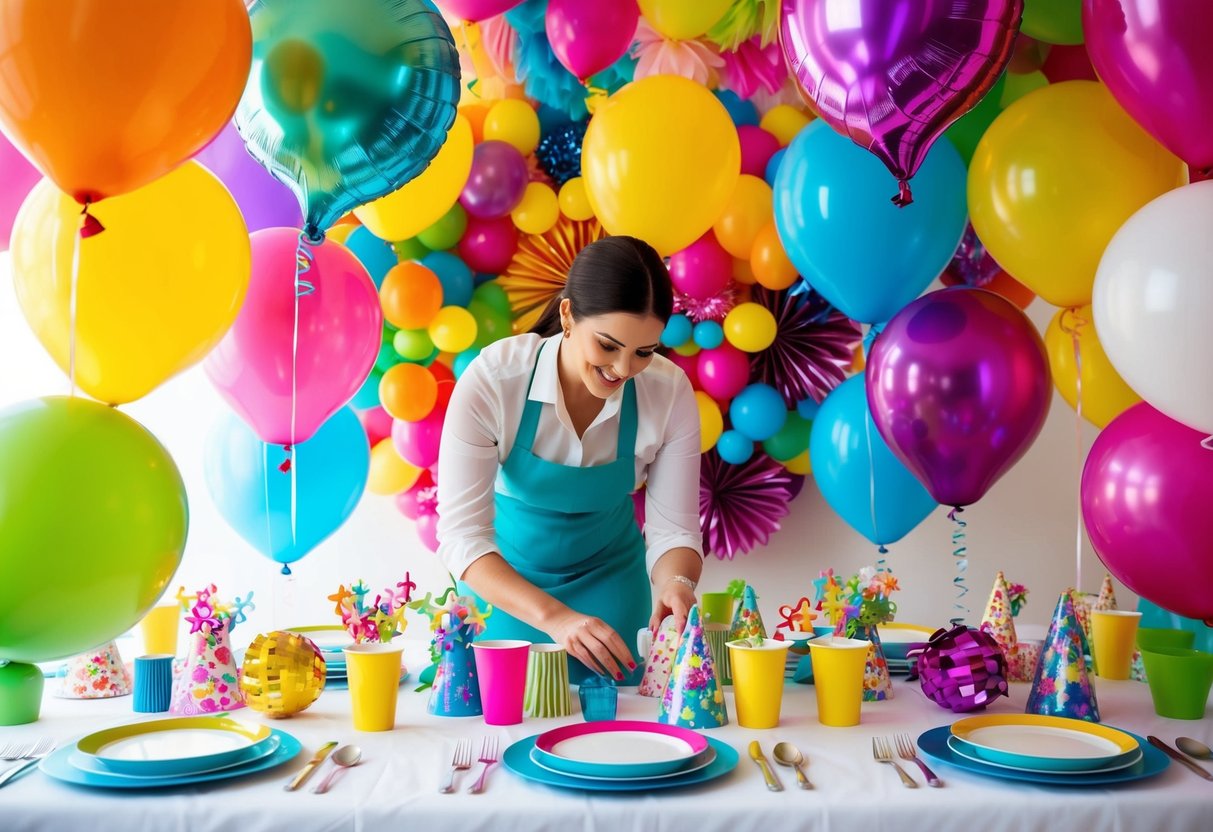 A party planner organizing a colorful array of decorations, balloons, and table settings for a festive event
