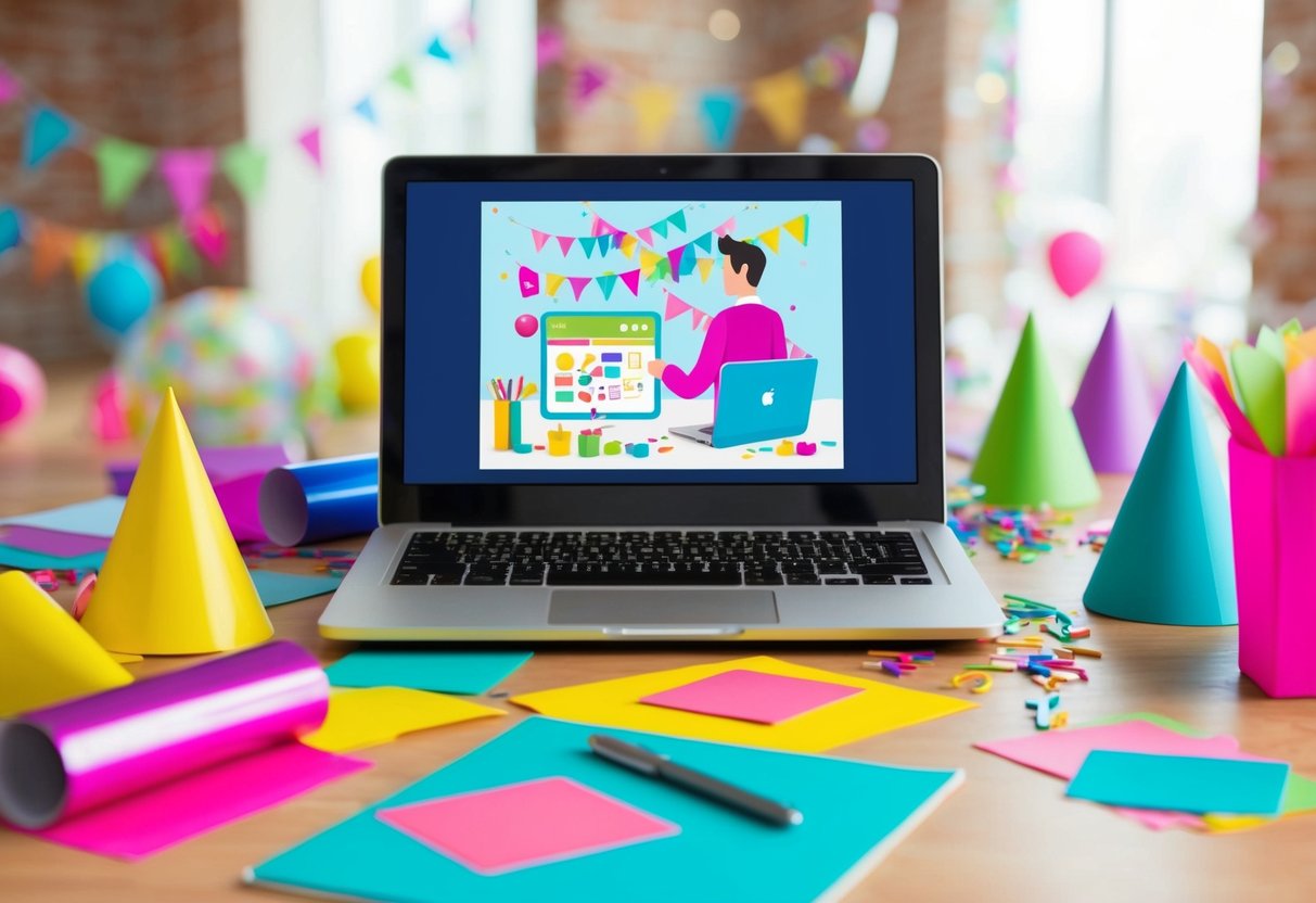 A person researching party planning on a laptop with colorful decorations and party supplies scattered on a desk