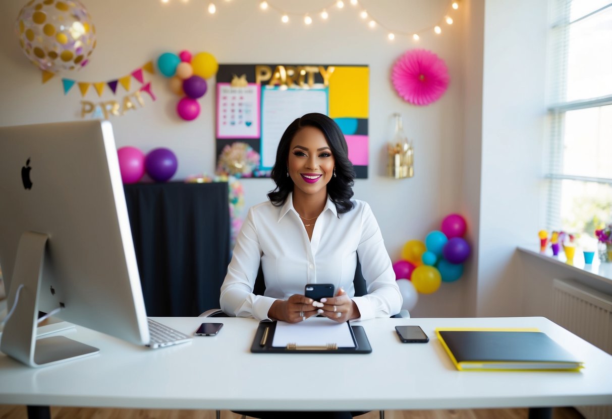 A party planner sits at a desk with a computer, phone, and planner. A colorful mood board and party decorations are displayed on the wall