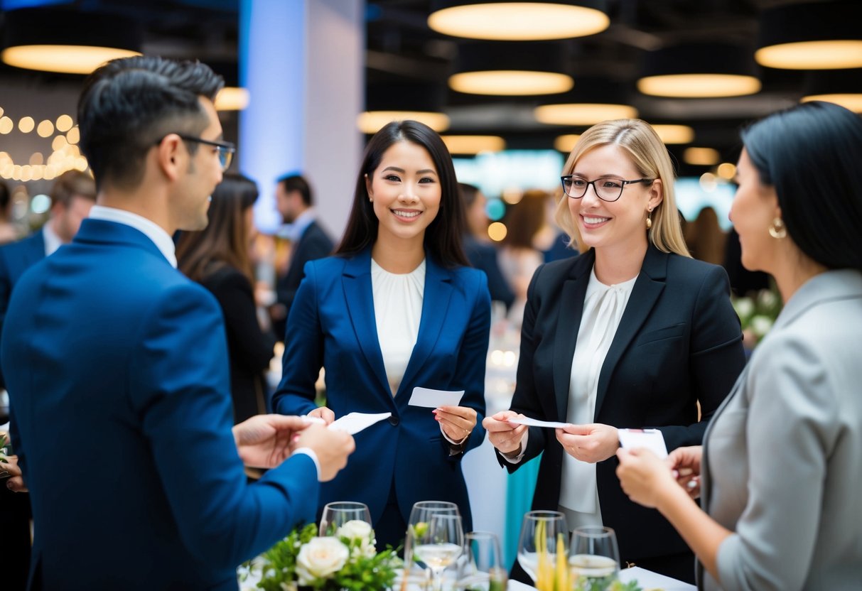 A self-employed party planner networking with industry professionals at a bustling event, exchanging business cards and discussing collaboration opportunities